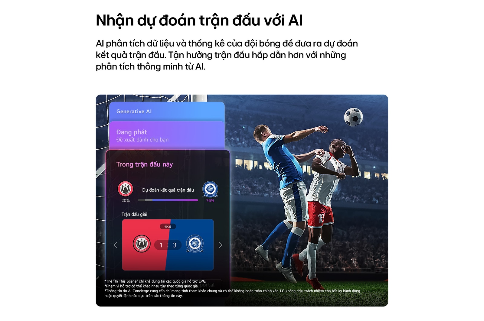 LG NANO 4K UHD AI NU85 Sports Forecast by AI Concierge displays a live soccer match with an on-screen AI panel presenting predictions, game insights, and league data, suggesting how AI analyzes gameplay to forecast match outcomes. 